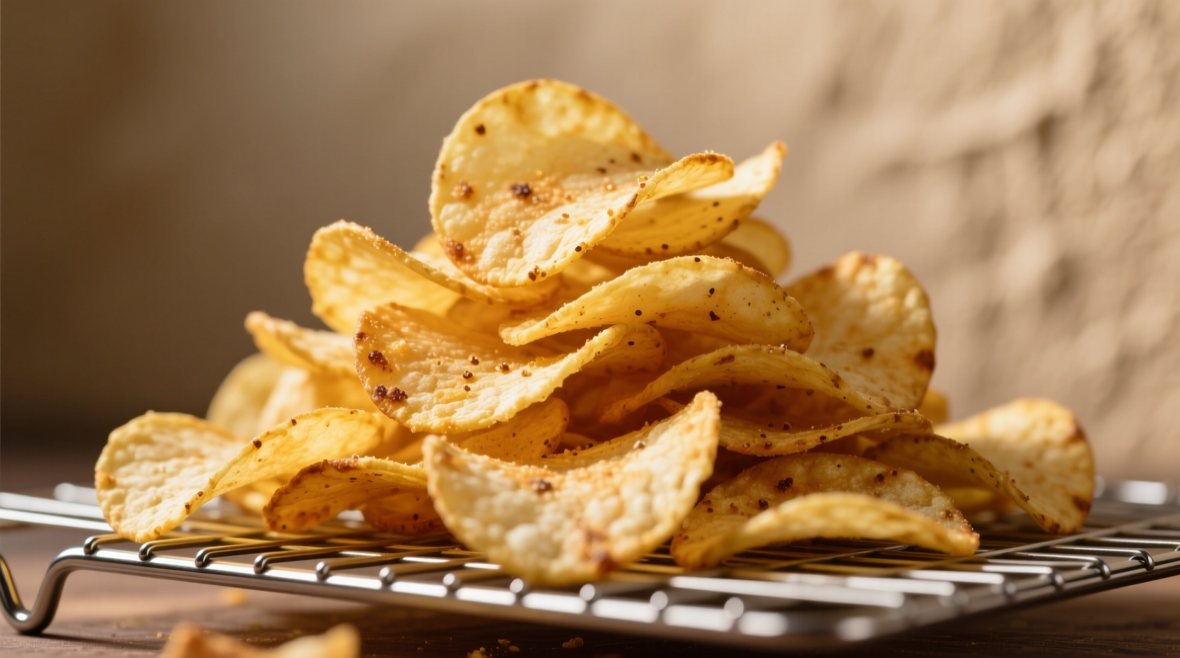 Perfectly golden crisp potato chips on wire rack