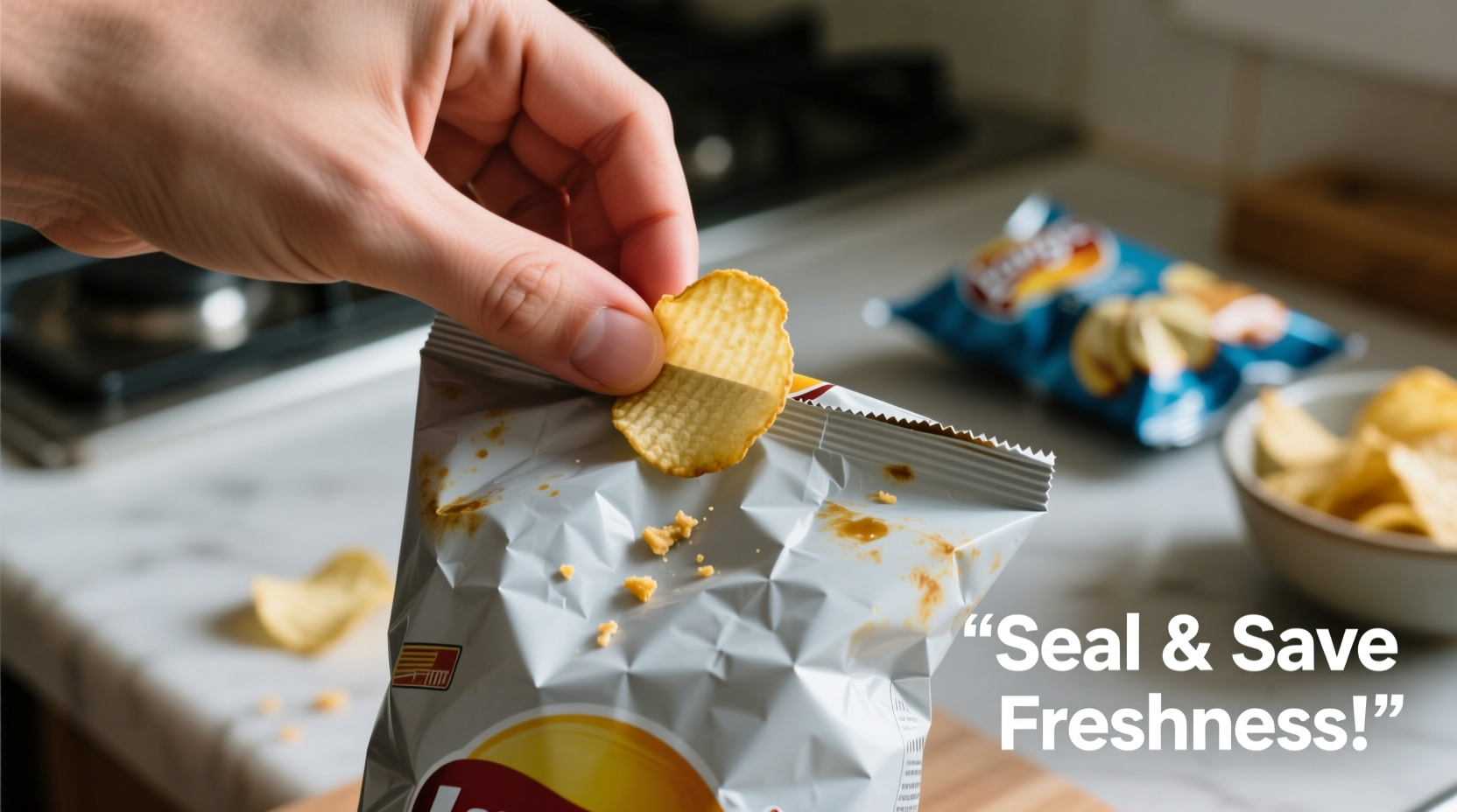 Hand demonstrating rolling fold technique on potato chip bag