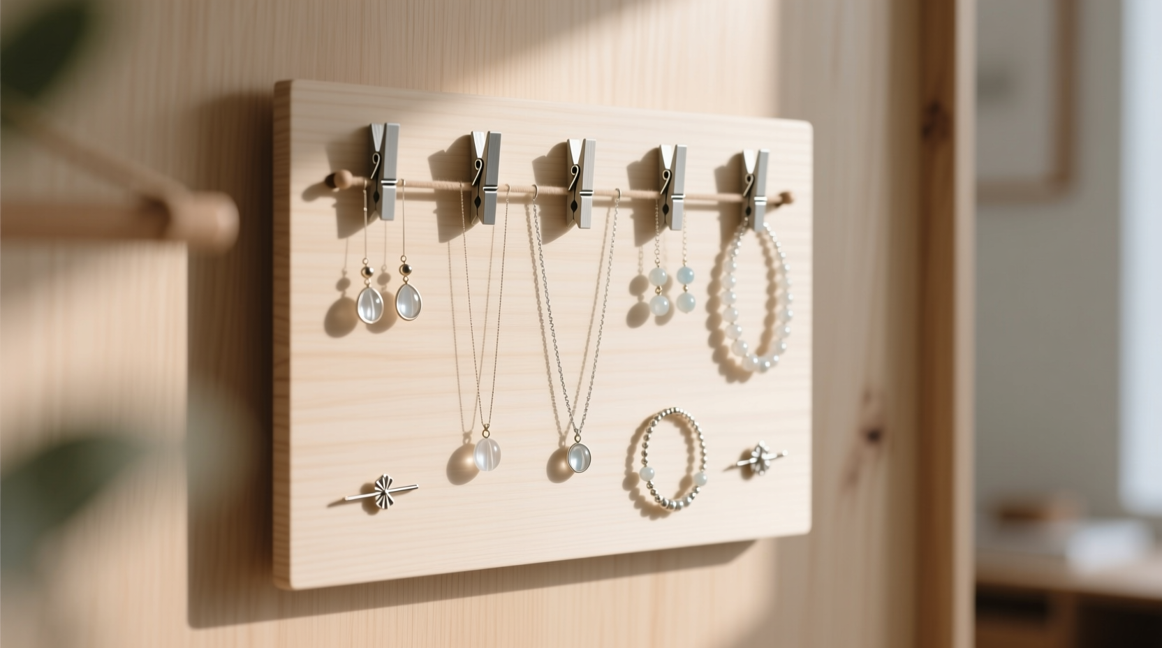 hang jewelry or other light items on a clothespin board