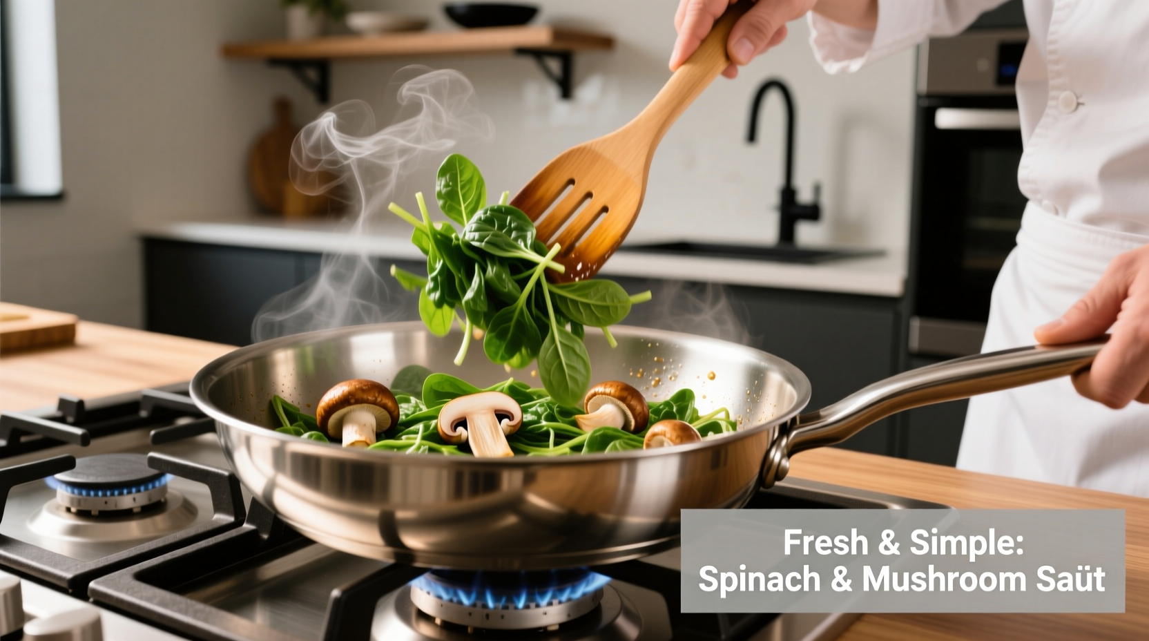 Chef preparing spinach mushroom sauté in stainless steel pan