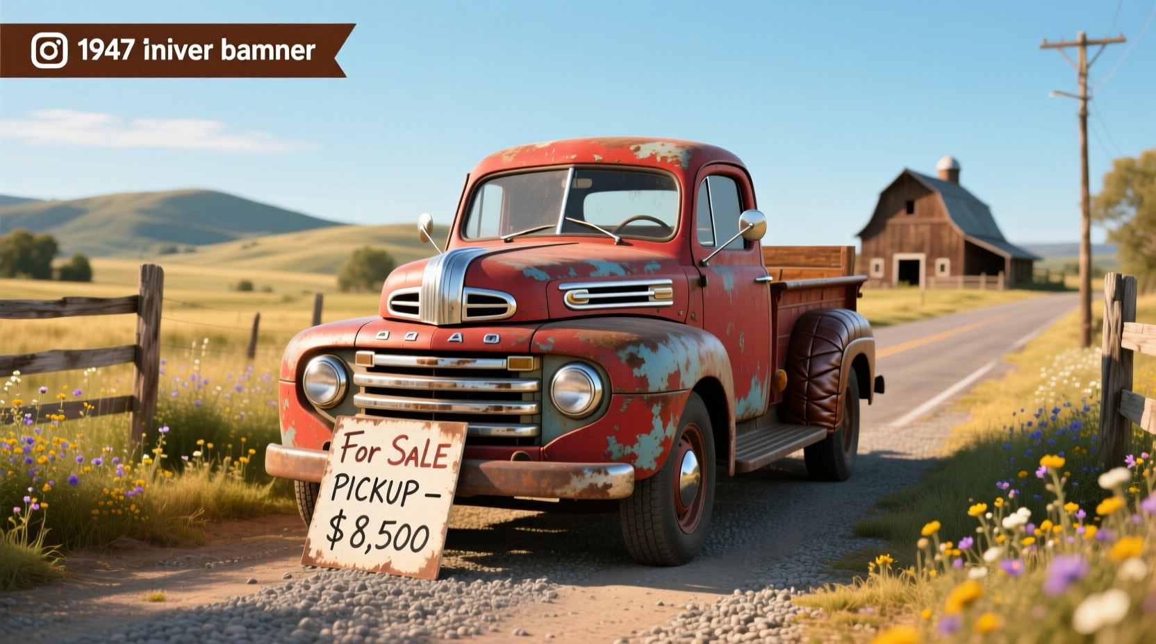 1947 Ford pickup truck parked outdoors with vintage garage backdrop