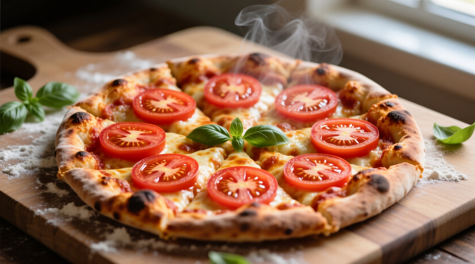Fresh tomato slices arranged on pizza before baking