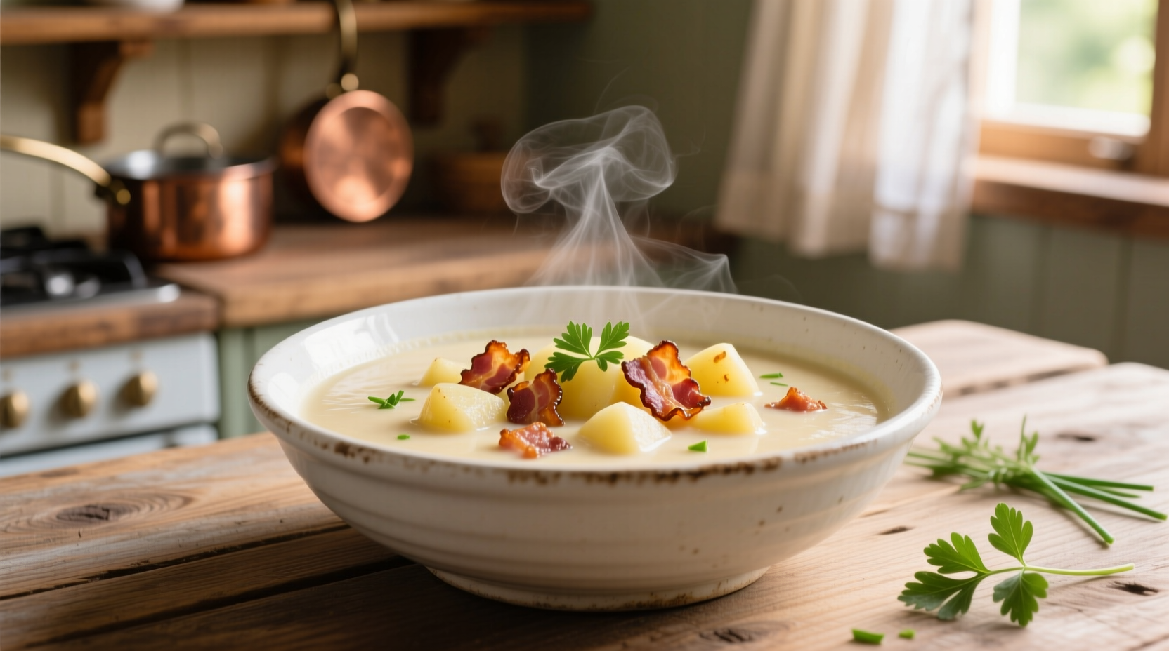 Creamy bacon and potato soup in white bowl