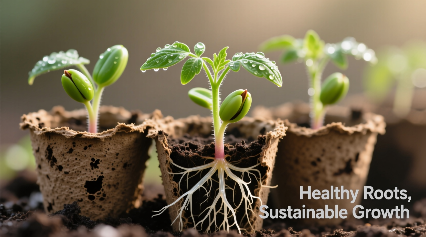 Tomato seedlings in biodegradable pots showing healthy root development
