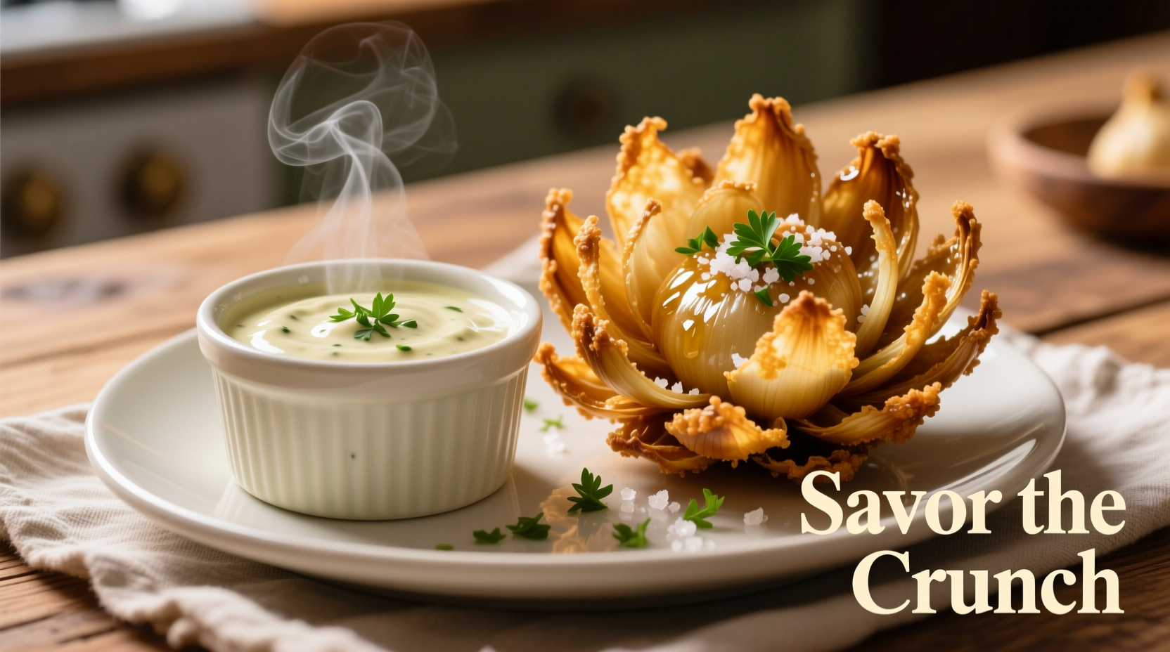 Creamy dipping sauce in ramekin beside blooming onion