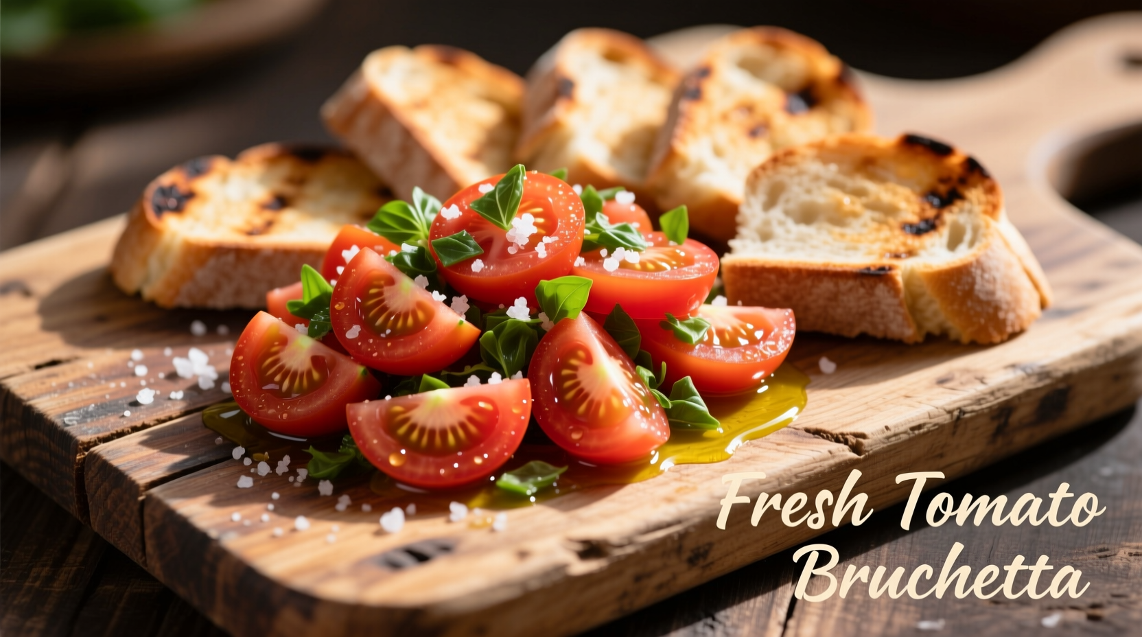 Fresh tomato bruschetta on rustic wooden board