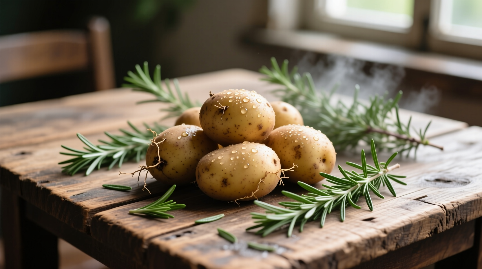 Fresh potatoes with sprigs of rosemary on wooden table