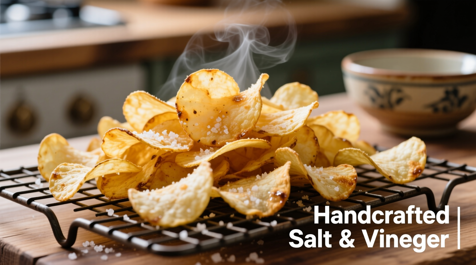 Homemade salt and vinegar potato chips on wire rack