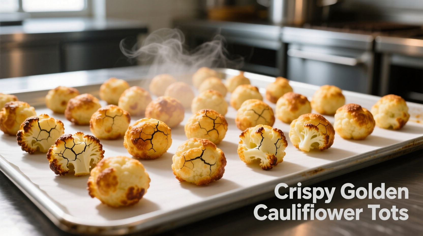 Crispy golden cauliflower tots on baking sheet