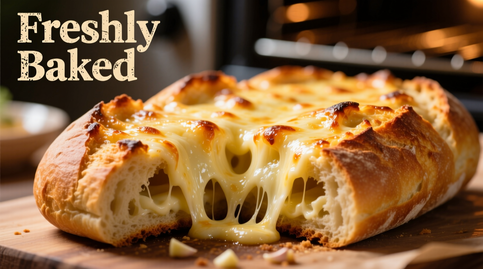 Golden cheesy garlic bread with melted cheese bubbling