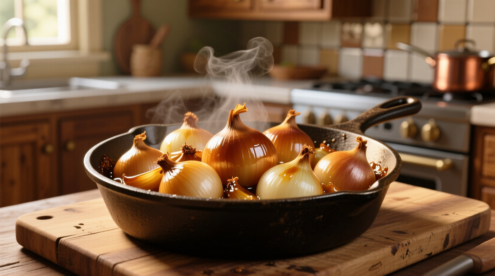 Golden brown caramelized onions in cast iron skillet