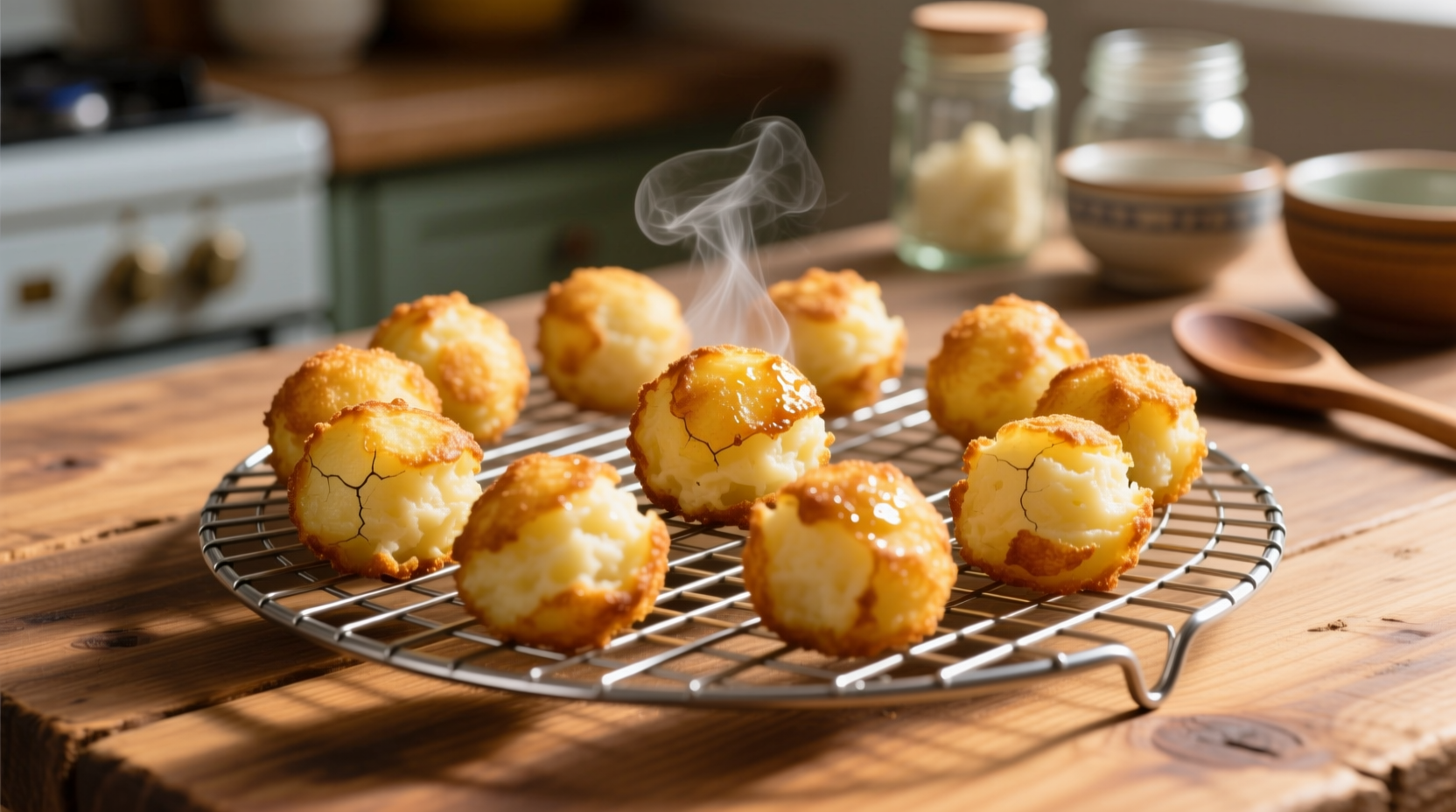 Golden fried mashed potato balls on wire rack