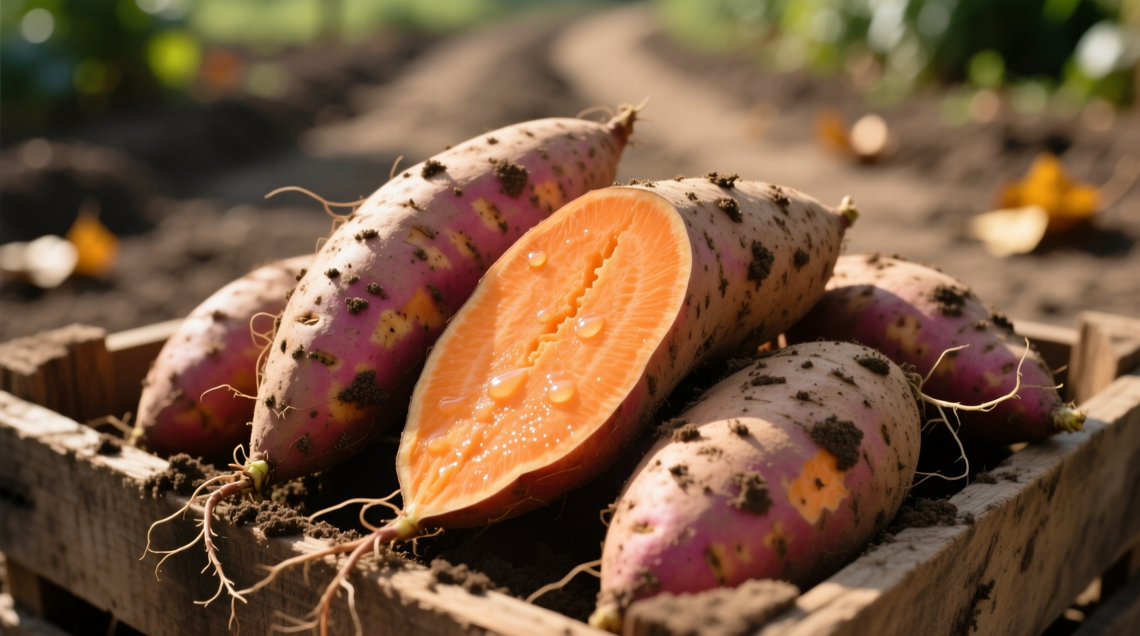 Freshly harvested sweet potatoes with vibrant orange flesh