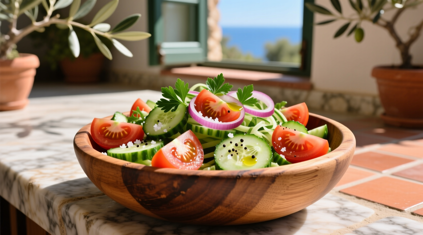 Fresh Mediterranean cucumber tomato salad in wooden bowl