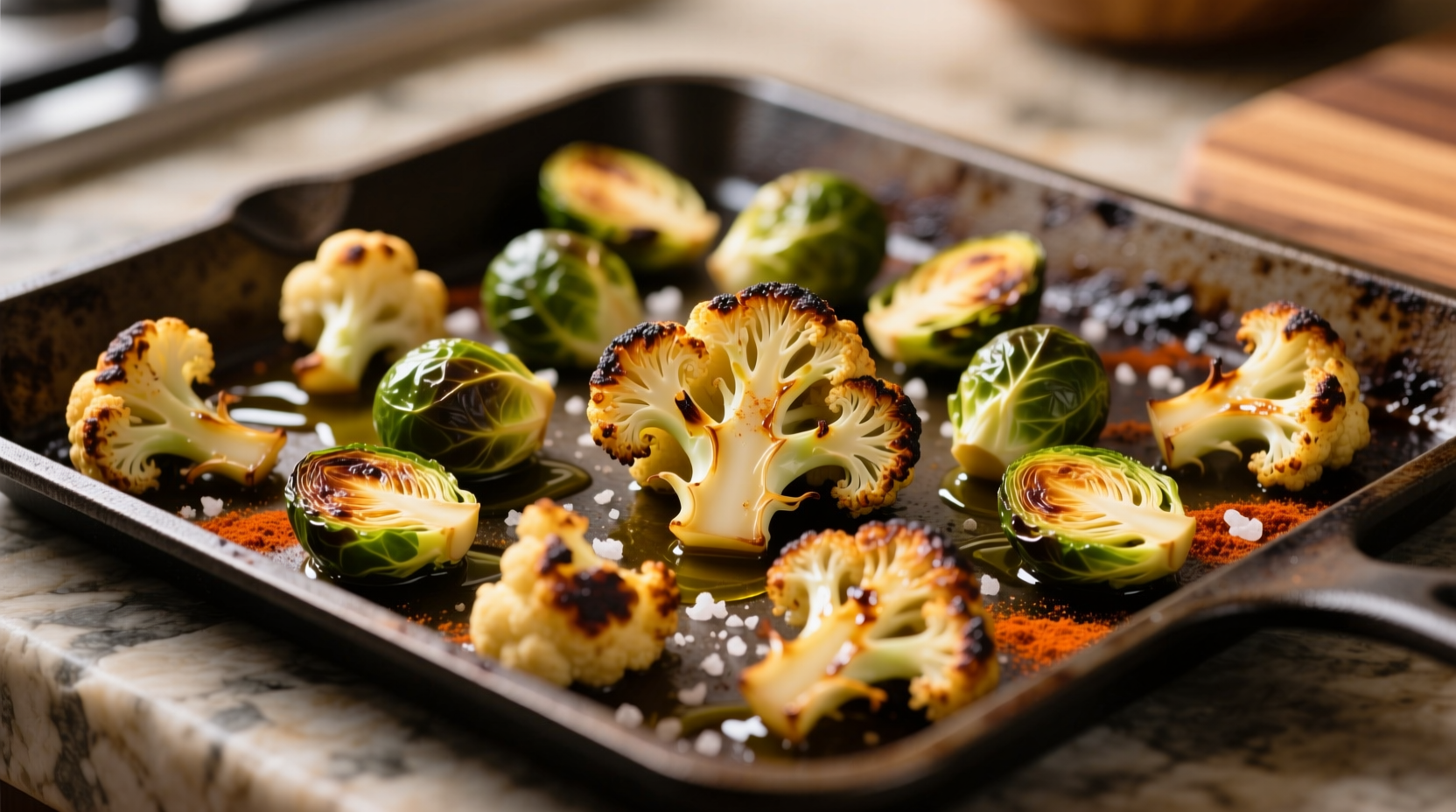 Crispy roasted cauliflower and brussels sprouts on baking sheet