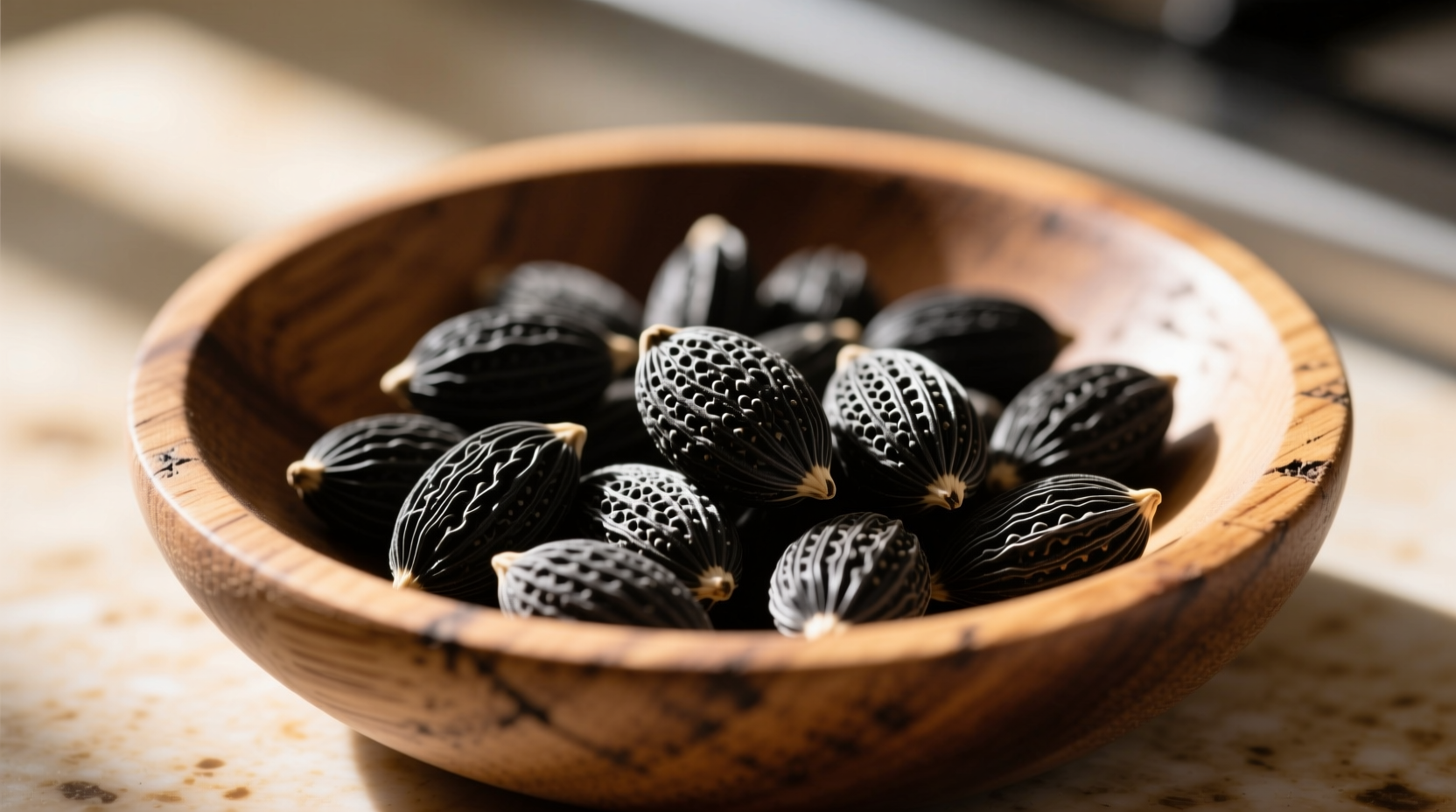 Close-up of black nigella sativa seeds in wooden bowl