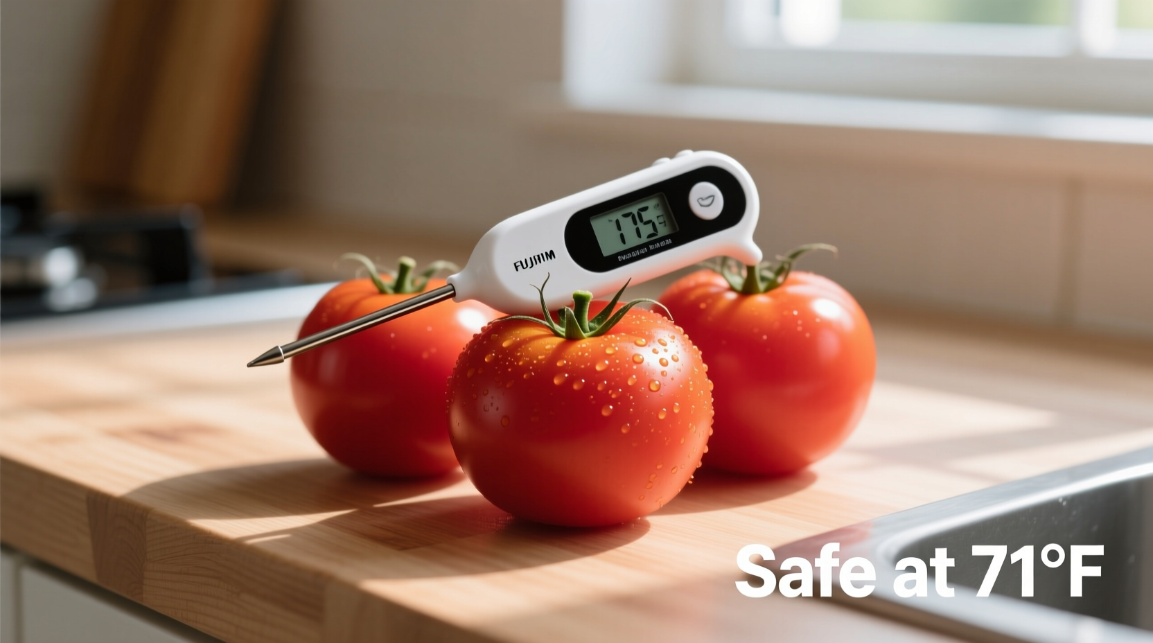 Fresh tomatoes on a kitchen counter with food safety thermometer