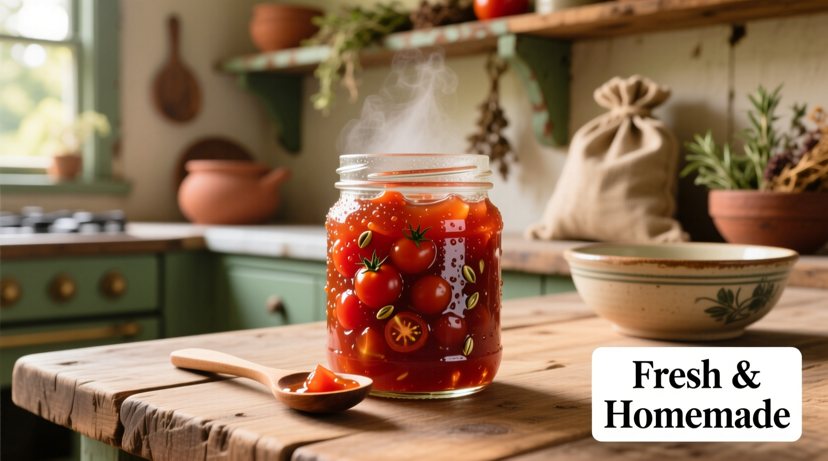 Homemade tomato jam in glass jar with fresh tomatoes