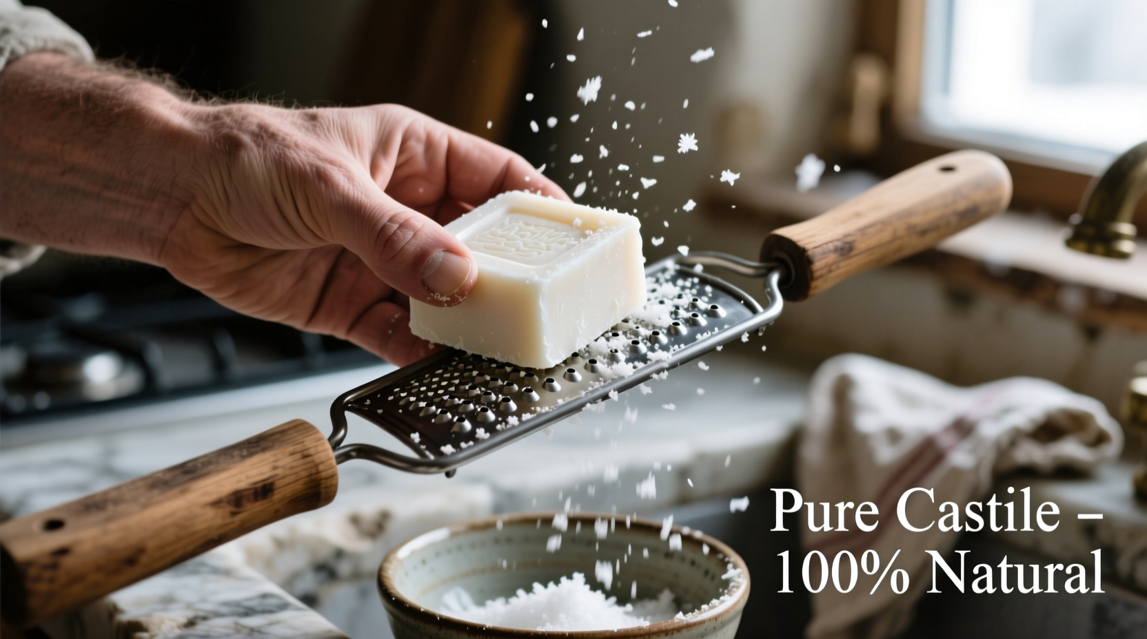 Hand grating a white bar of castile soap into fine flakes