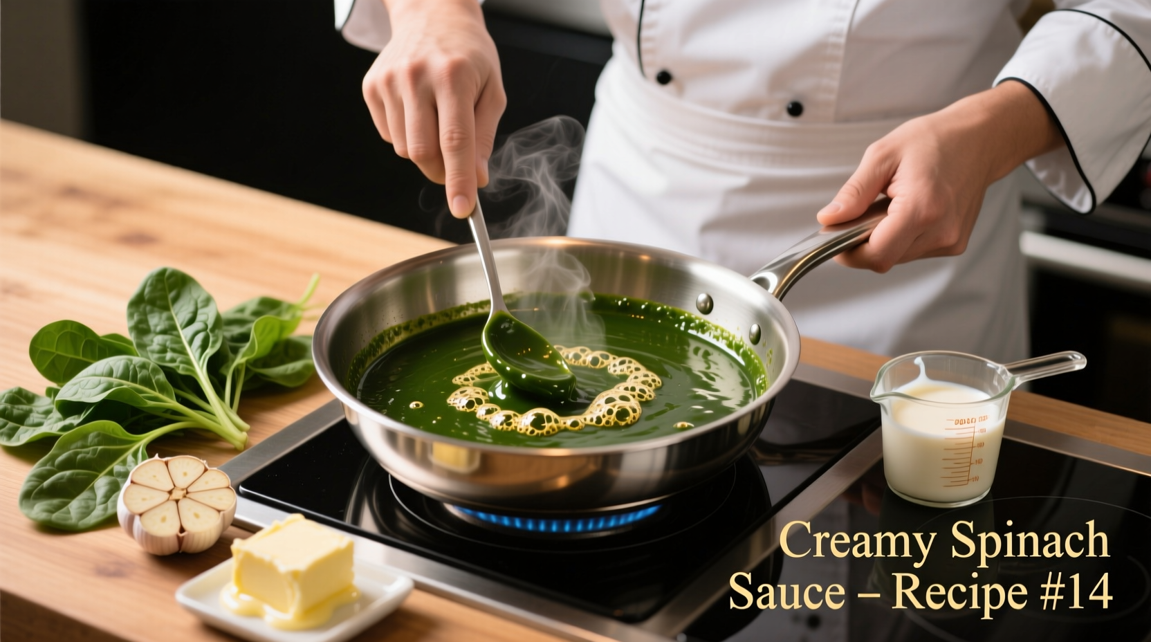 Chef preparing creamy spinach sauce in stainless steel pan with fresh ingredients