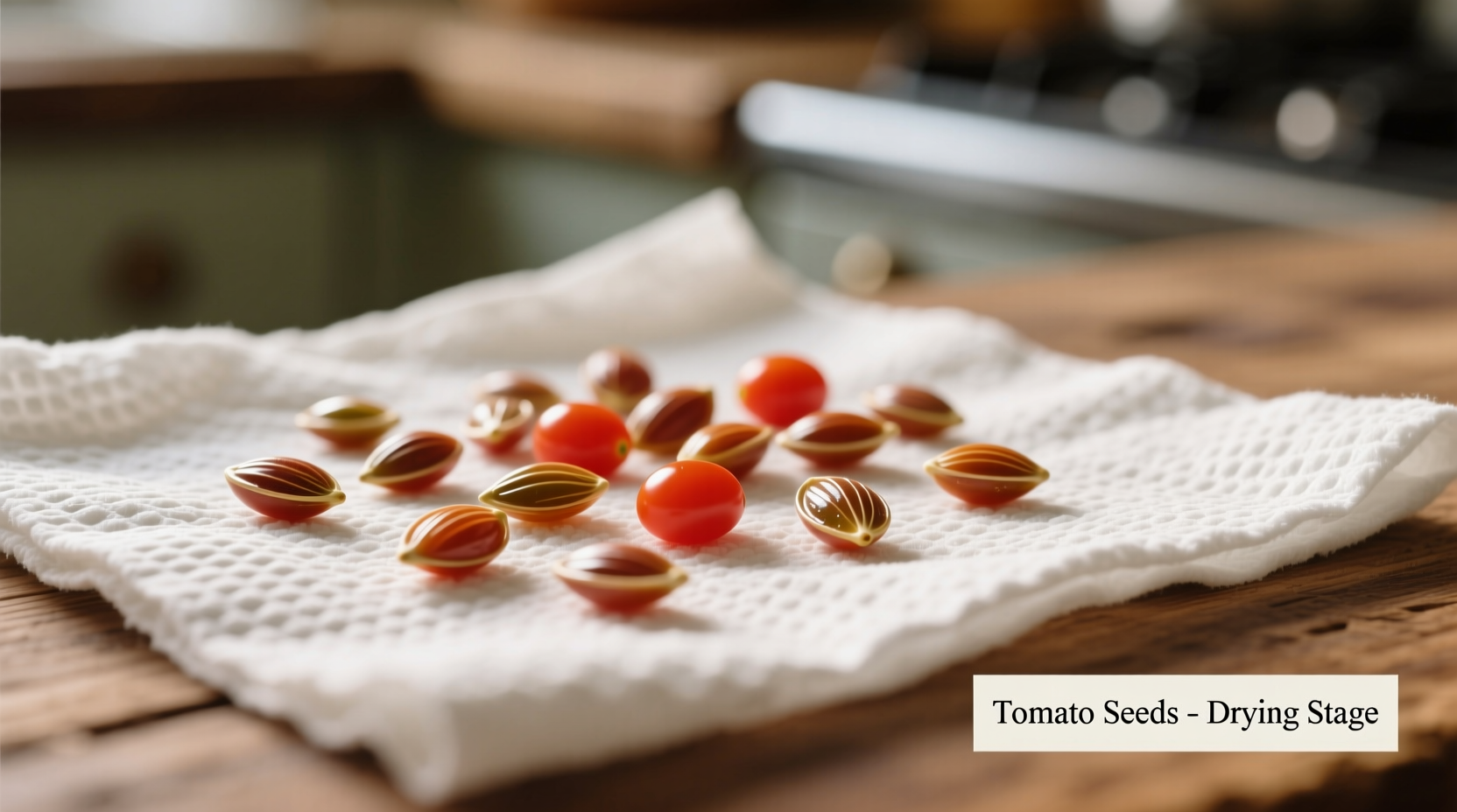 Tomato seeds drying on paper towel
