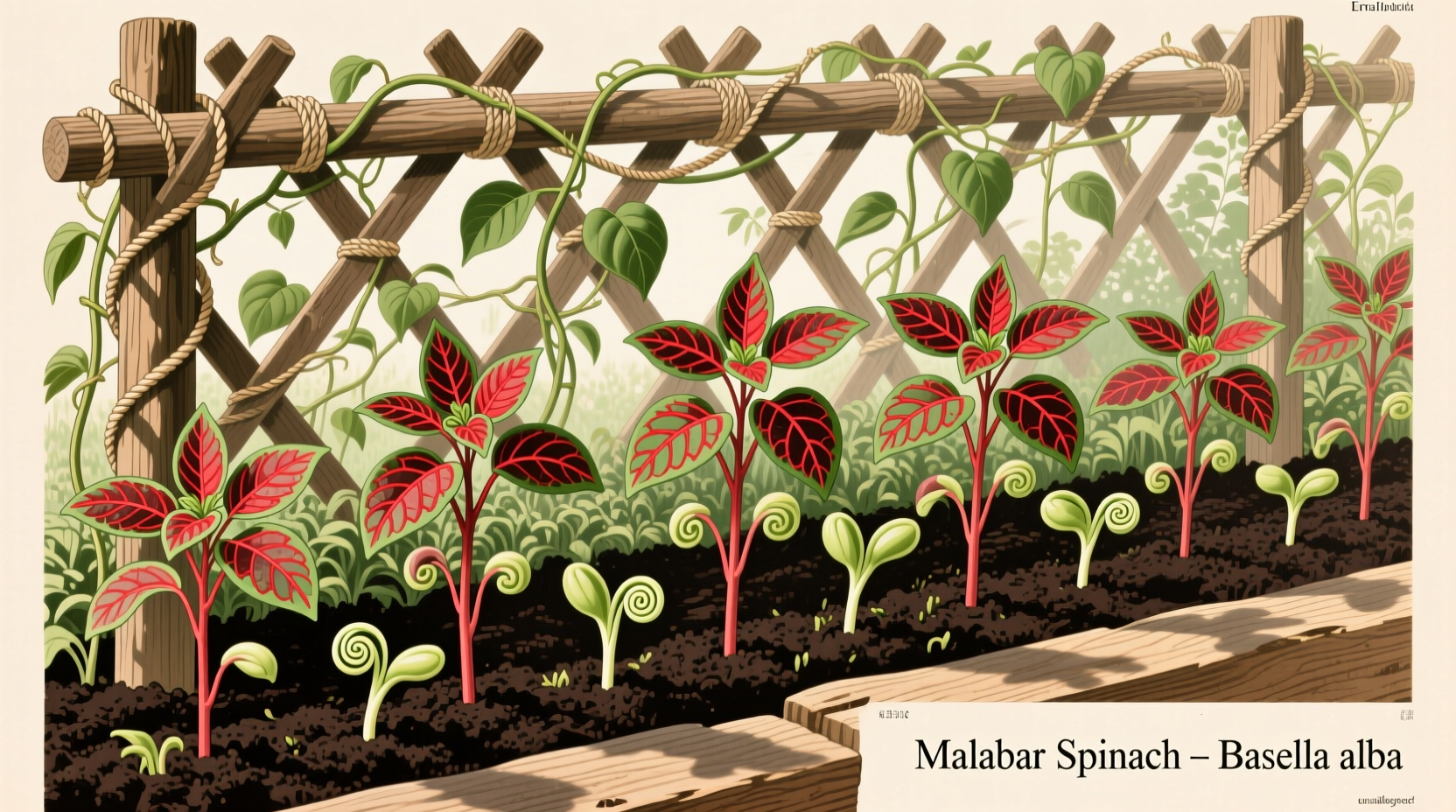Malabar spinach seedlings growing in garden bed with trellis