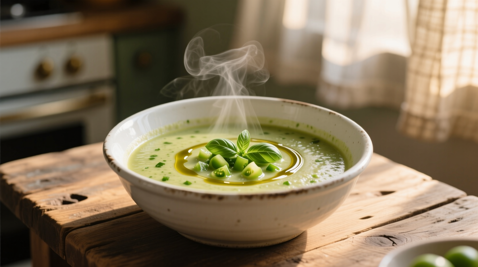 Homemade green tomato soup in white bowl