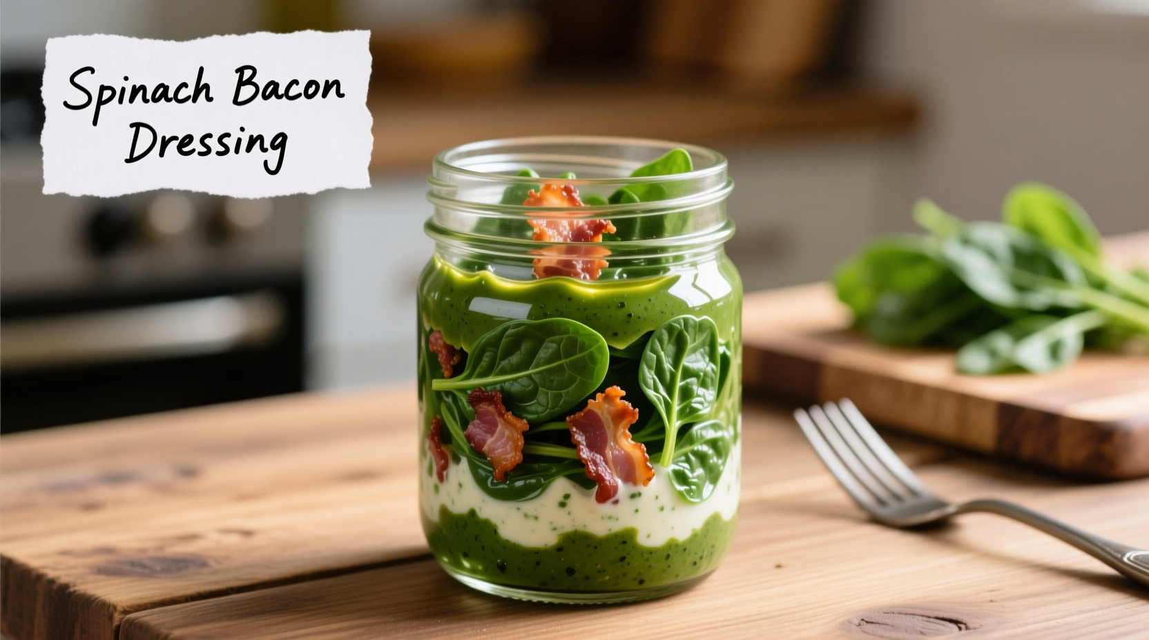 Homemade spinach bacon dressing in mason jar
