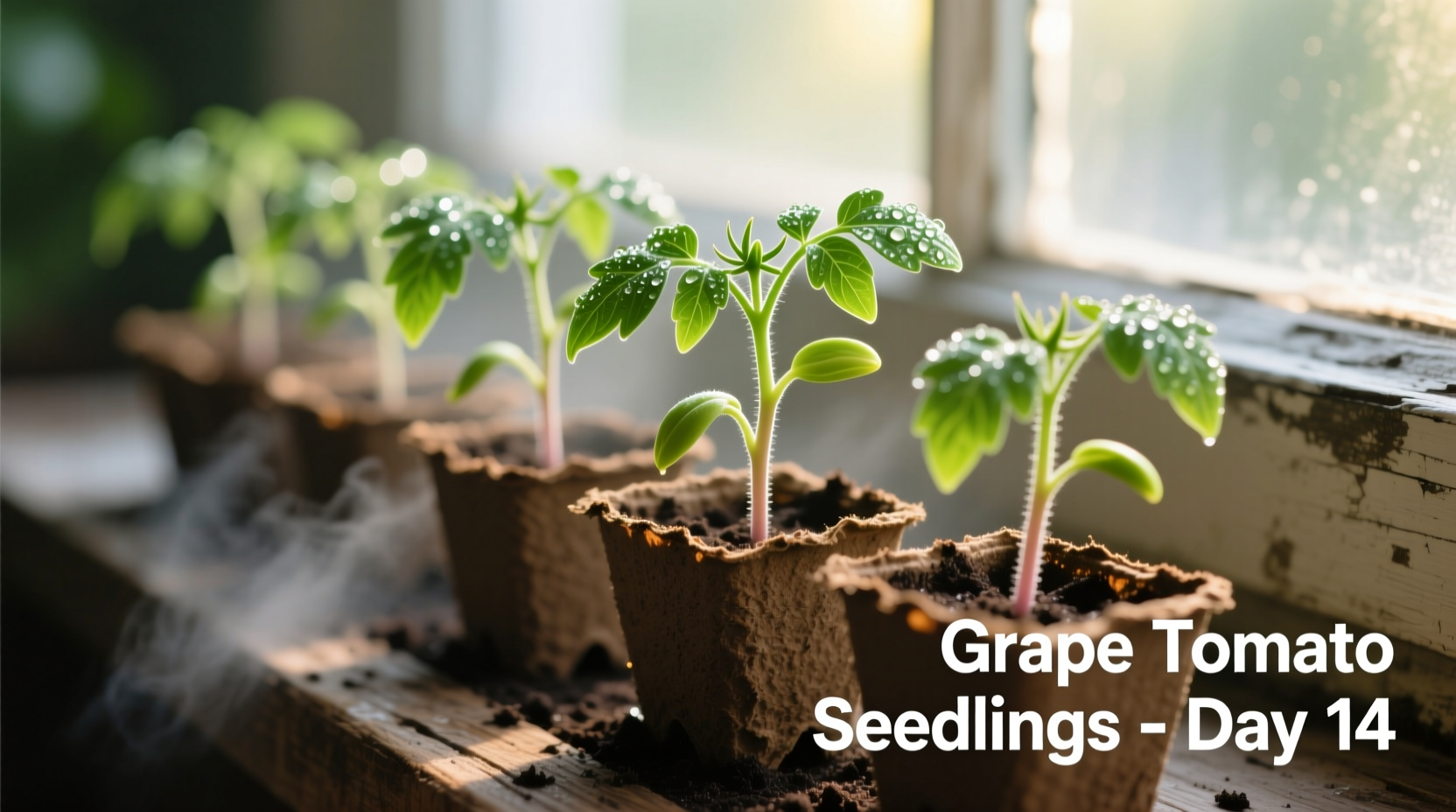 Close-up of grape tomato seedlings in starter pots