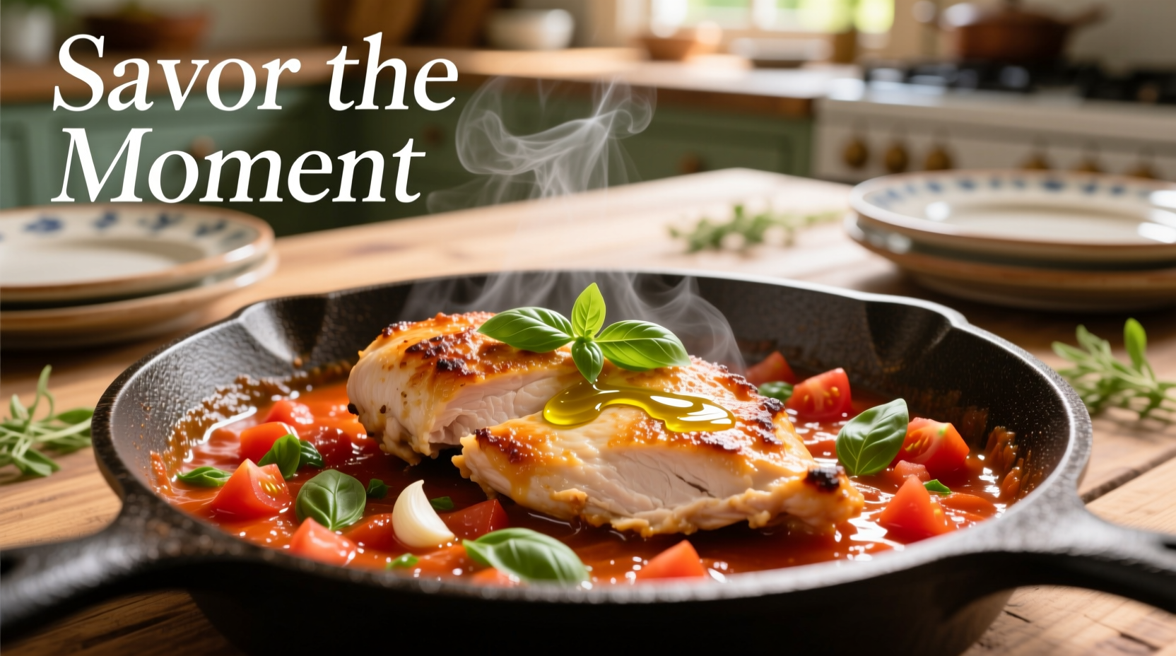 Pan-seared chicken in vibrant tomato basil sauce