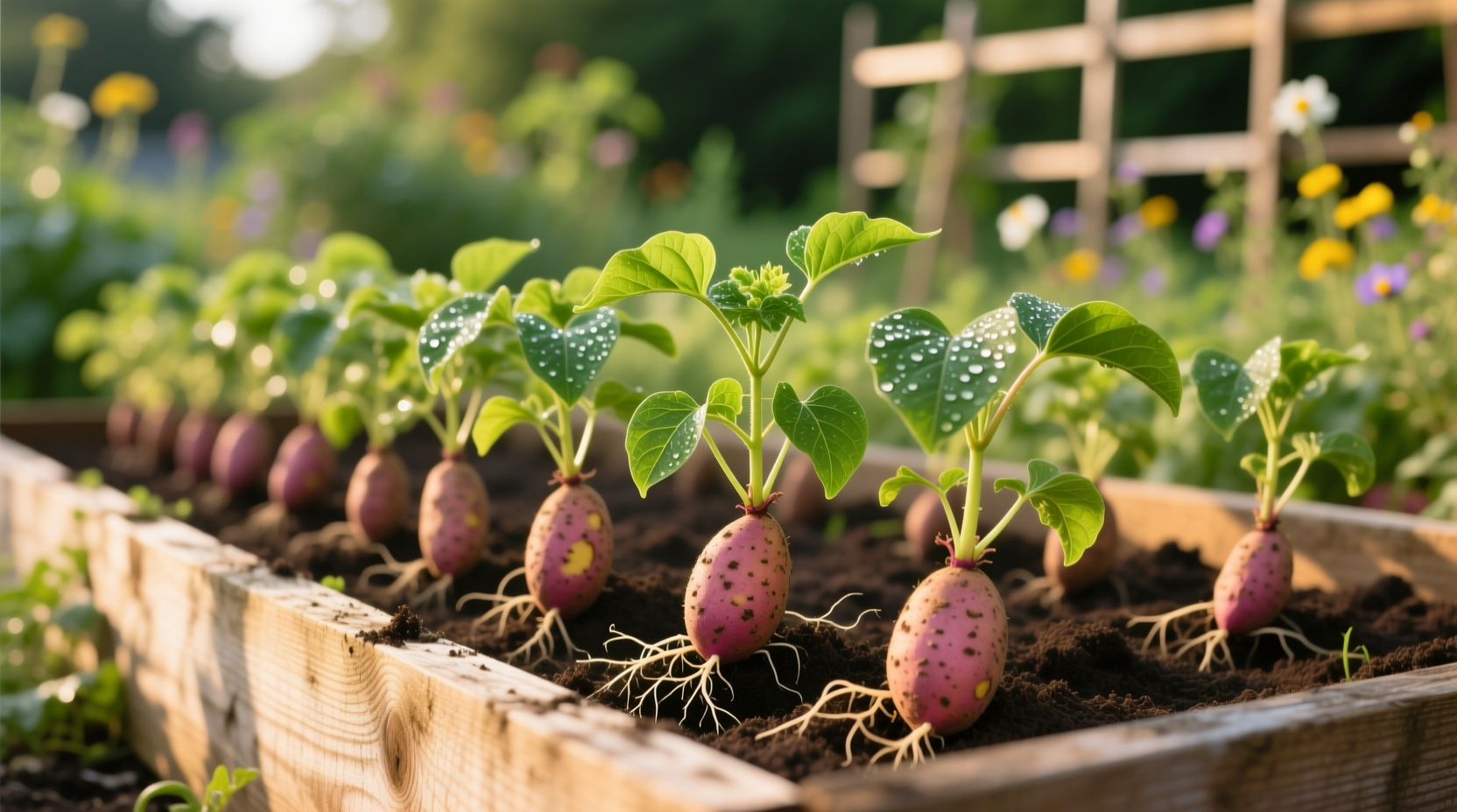 Sweet potato slips ready for planting in garden