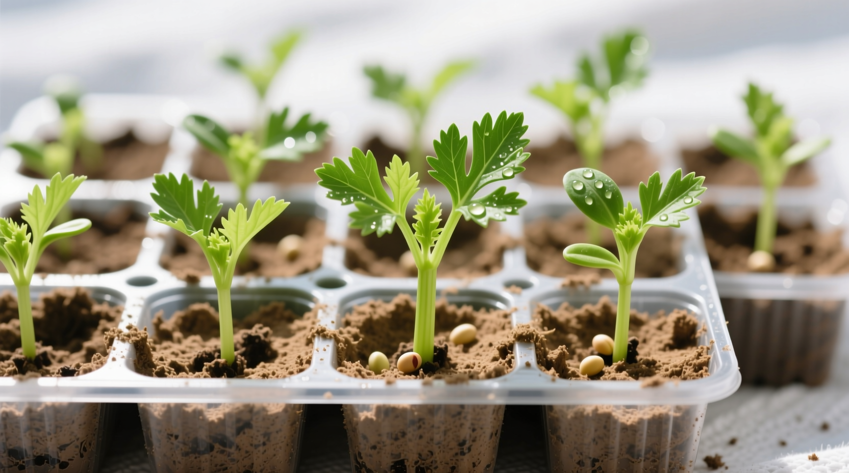 Healthy celery seedlings in starter trays with proper spacing