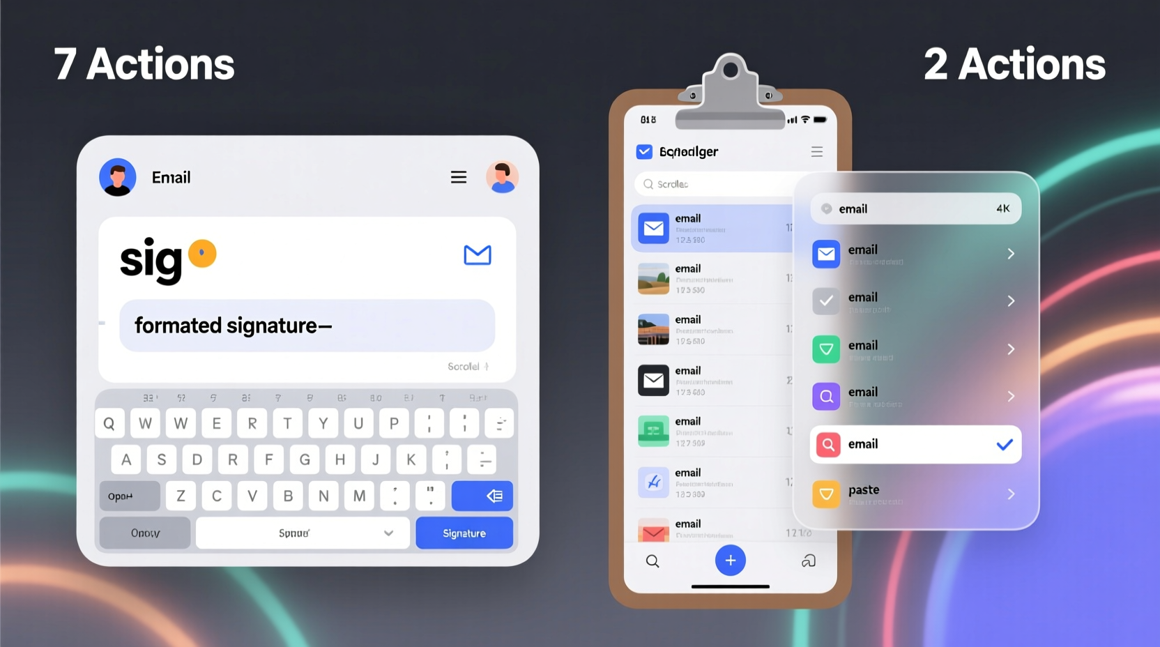 Side-by-side animation: left panel shows typing 'sig' and instantly expanding to full email signature; right panel shows user opening clipboard manager, scrolling past 12 entries, clicking 'email', then pasting—highlighting 7 distinct actions vs. 2