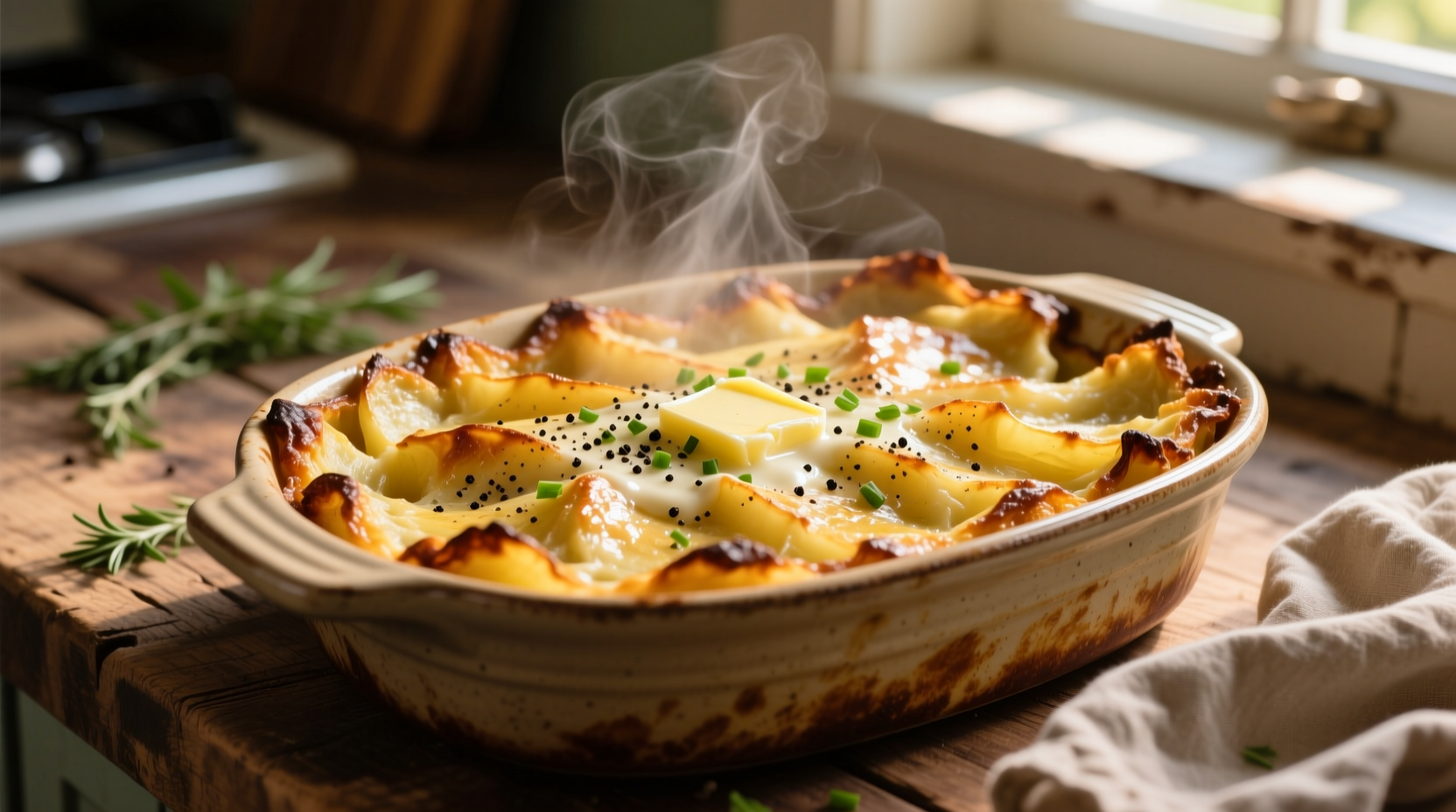Golden brown potato casserole fresh from oven