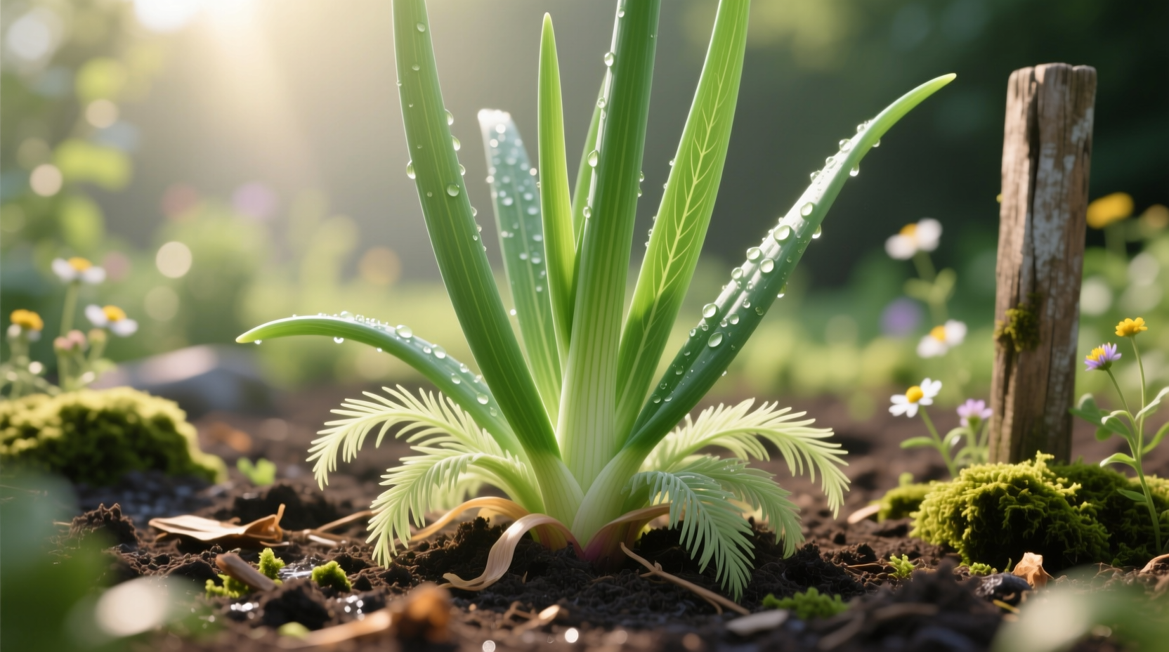Oriental onion plant growing in garden soil with green stalks