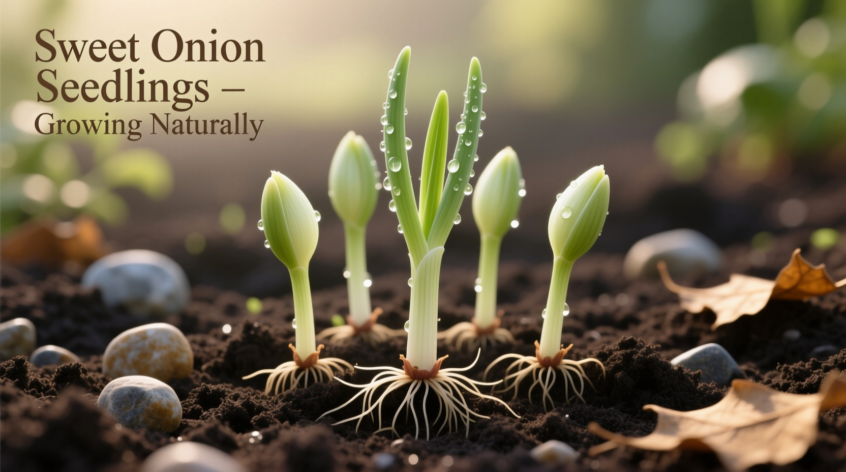 Sweet onion seedlings growing in garden soil