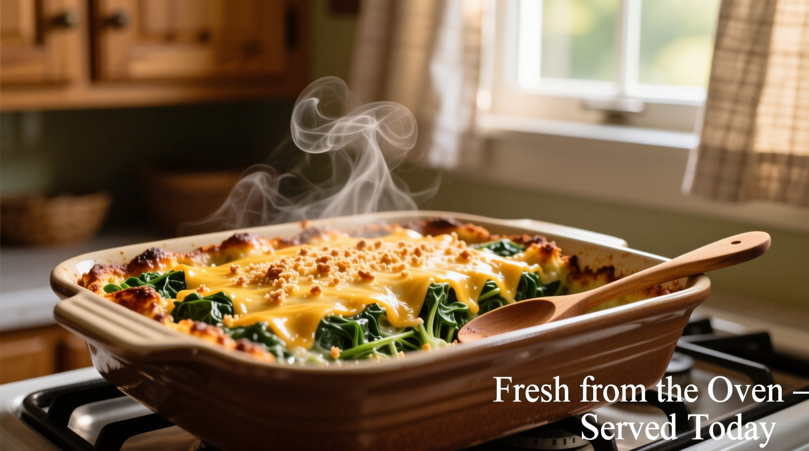 Golden-brown spinach casserole fresh from oven