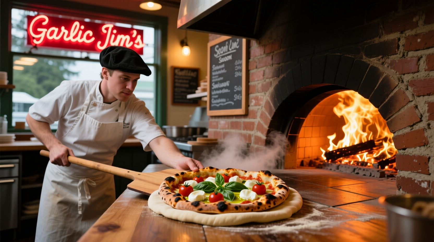 Wood-fired pizza being prepared at Garlic Jim's Mukilteo