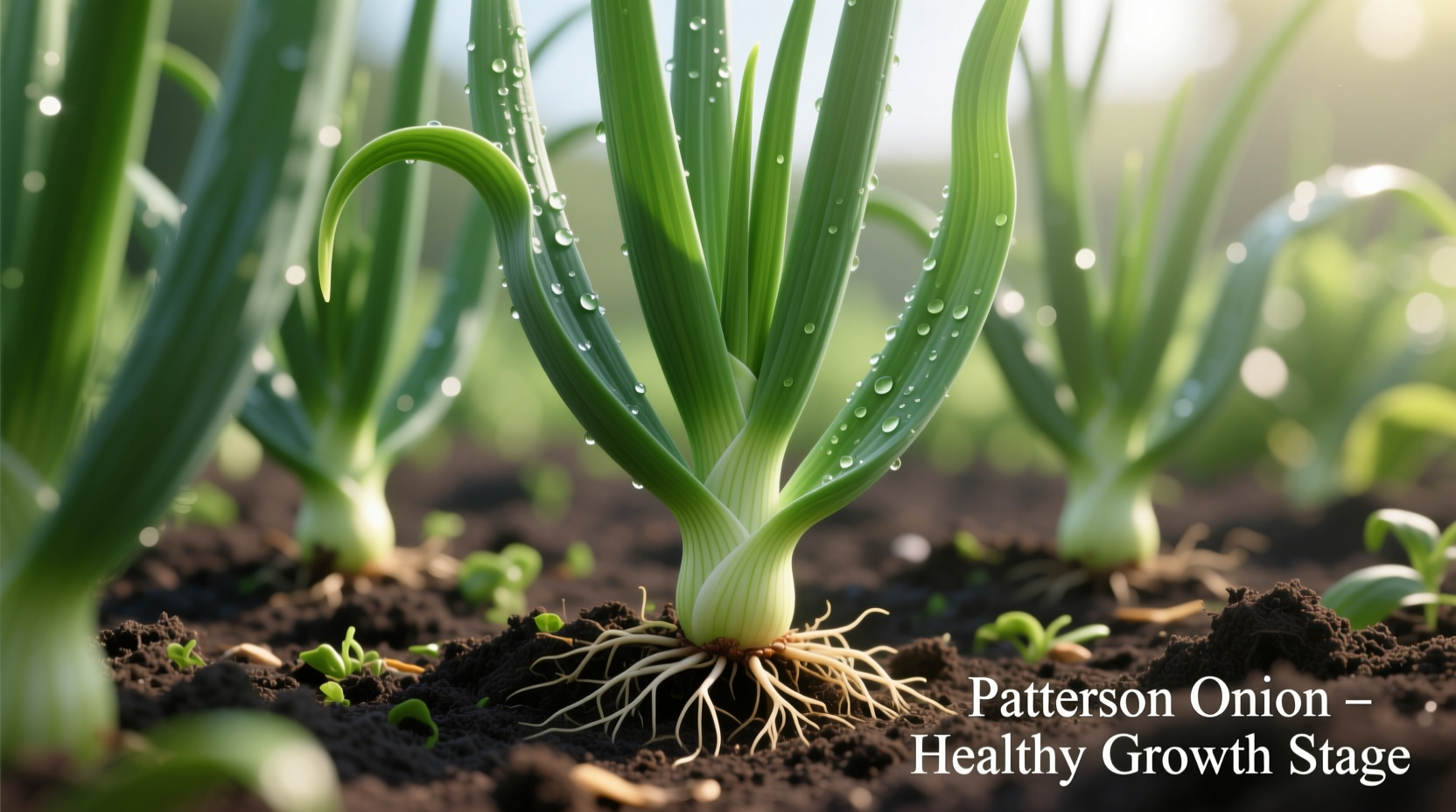 Healthy Patterson onion plants growing in garden soil