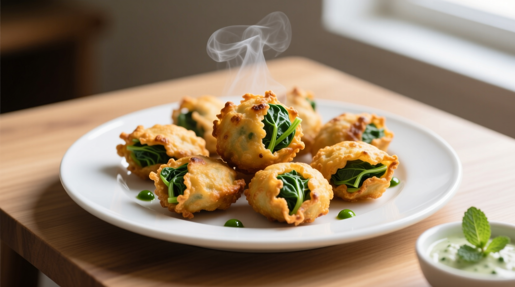 Golden spinach pakora fritters on white plate
