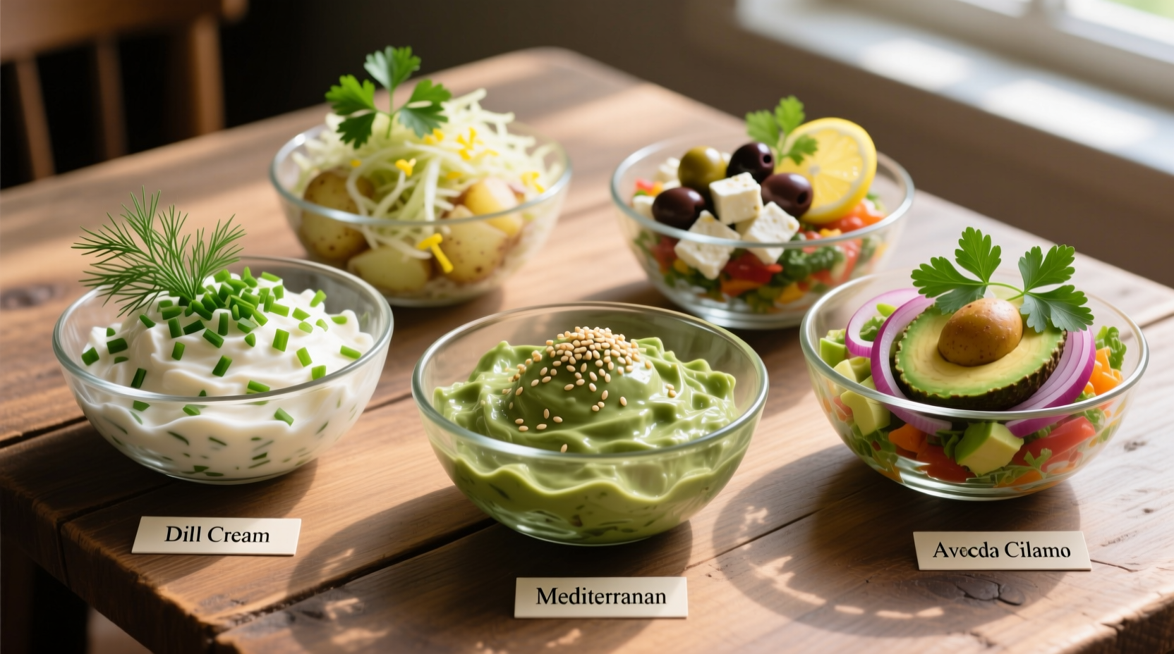 Five different potato salad varieties in glass bowls