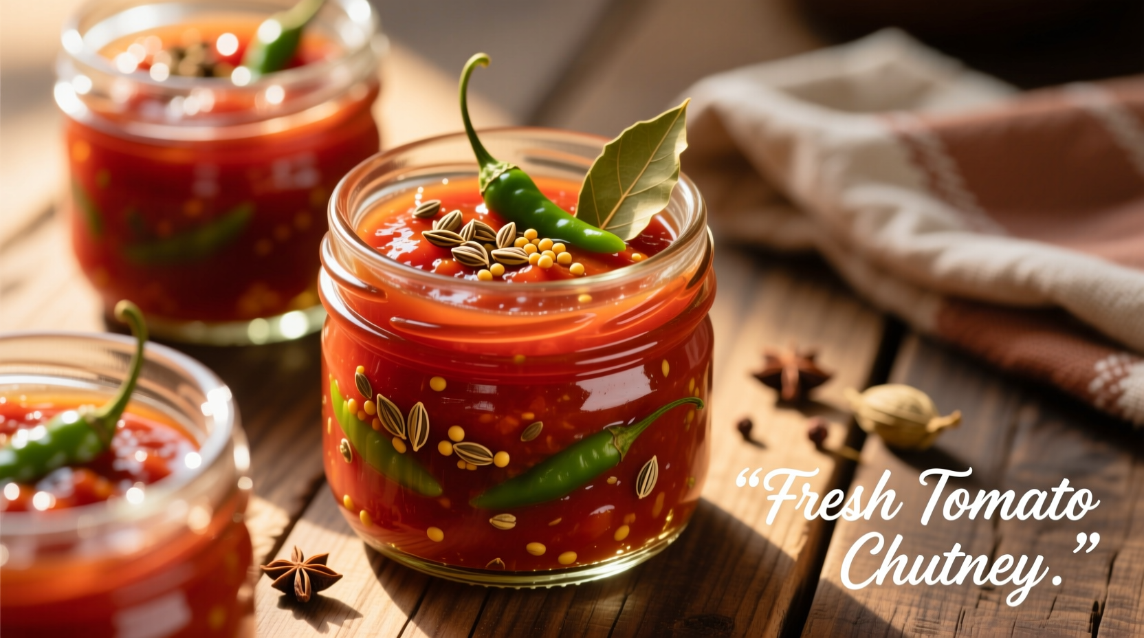 Fresh tomato chutney in mason jars with spices