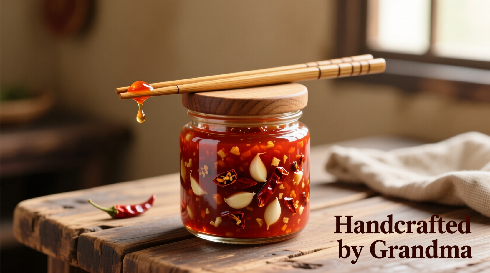Homemade garlic chilli sauce in glass jar with chopsticks