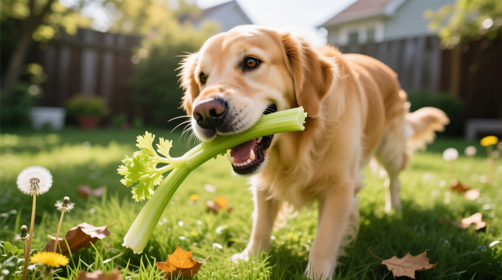 Dog happily chewing on a small piece of celery