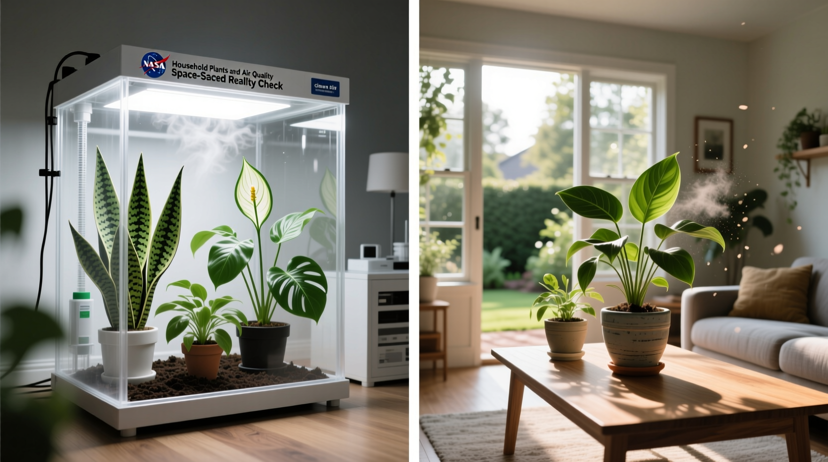 Side-by-side comparison: NASA's sealed test chamber (left) vs typical living room with windows and air flow (right)