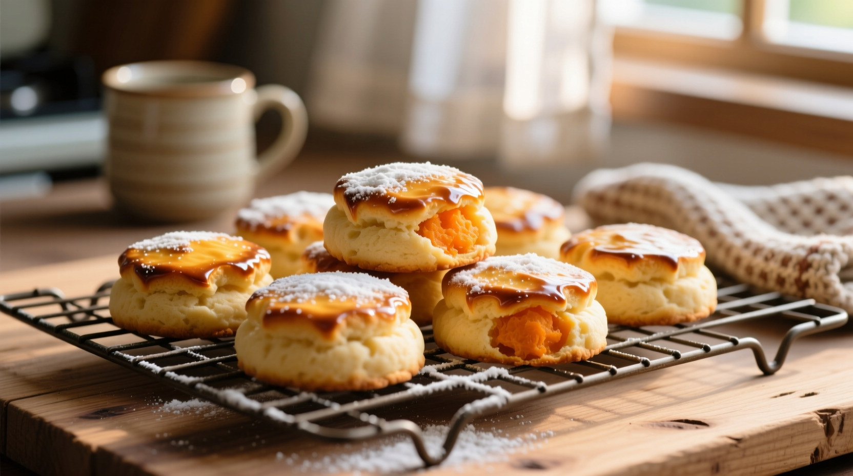 Golden sweet potato biscuits on cooling rack