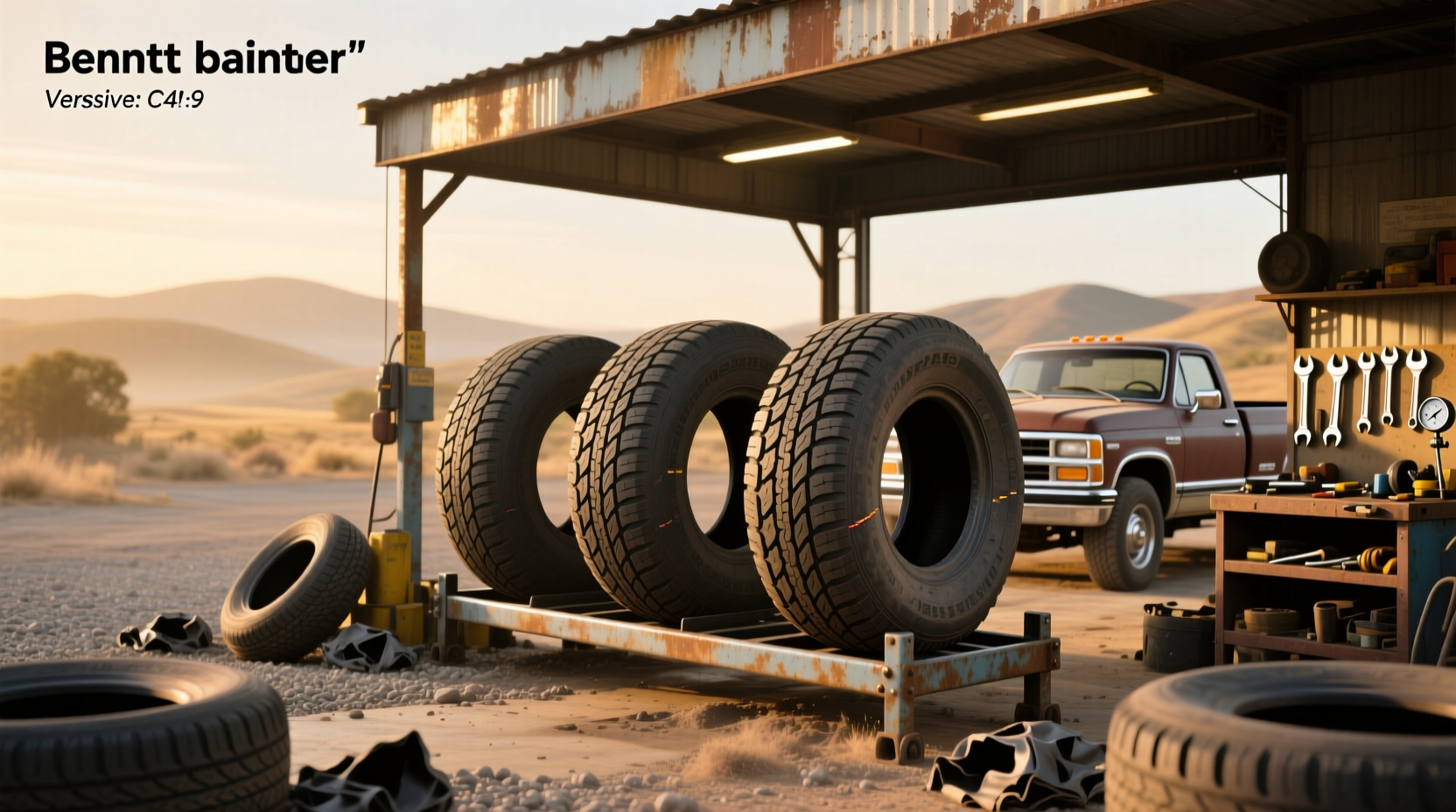 Retread pickup truck tires being inspected on a rack