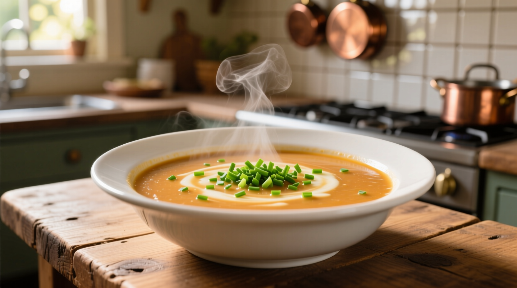 Creamy golden onion soup in white bowl with chive garnish