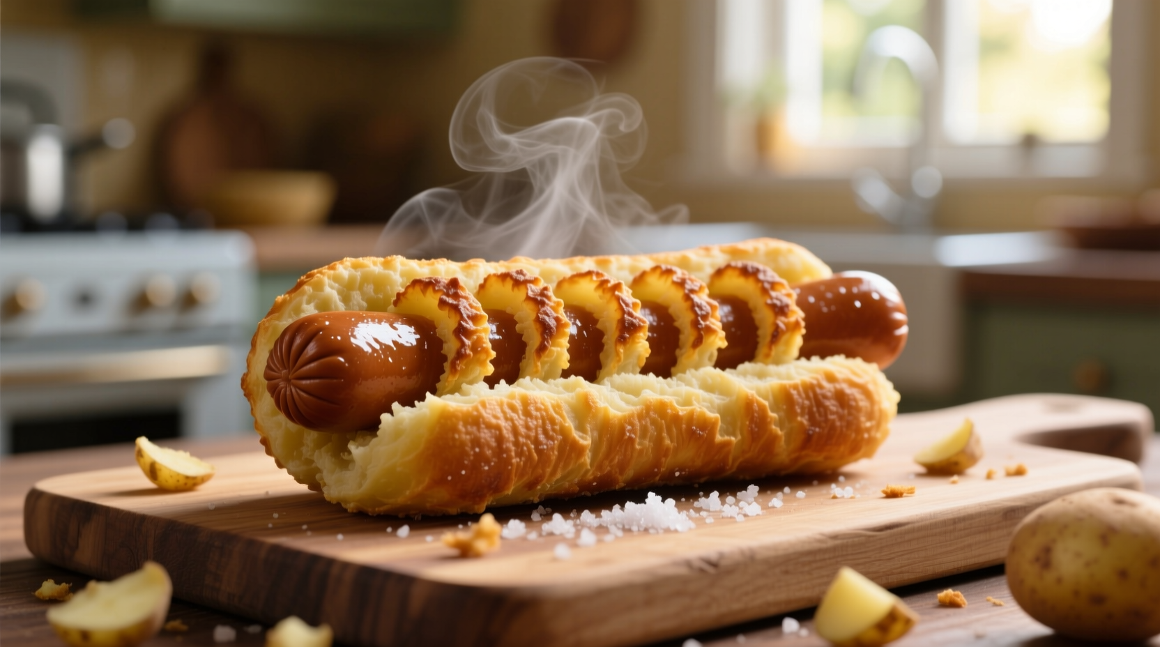 Golden brown potato dog with crispy texture