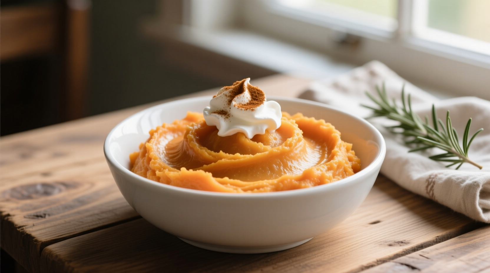Creamy sweet potato mash in white bowl